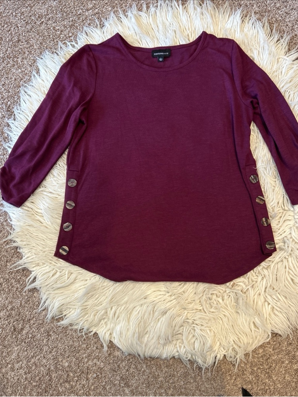 Fortune + Ivy Sz Large Women’s Button-Side Long Sleeve Top - Deep Burgundy